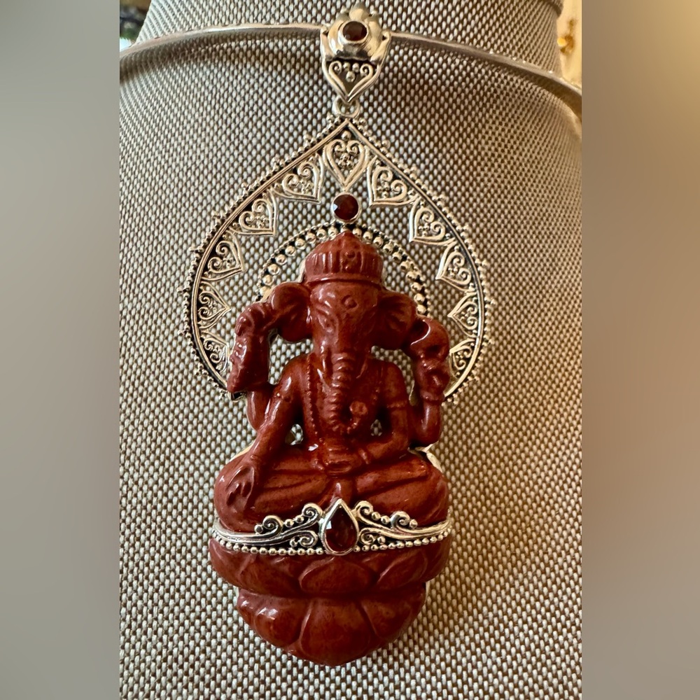 Sajen Red Jasper Ganesha Pendant with Silver With Garnet Accents 3”